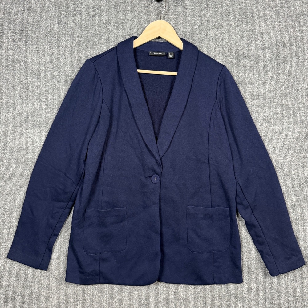 Susan Graver Weekend Sz Large Marina Knit Blazer Jacket Blue Cotton Blend Career